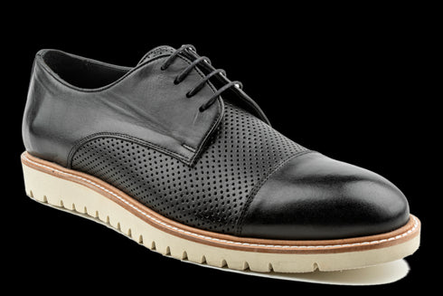 Cap Toe & Lug Sole Black Derby Sneakers for Men